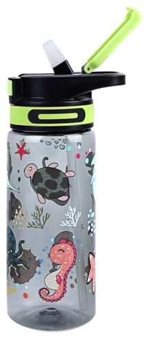 Queenshin Kids Water Bottle with Flip-Up Straw and Carry Handle for School/Sports/Travel, BPA-Free, Lightweight, Leak-Proof Durable Plastic Drinking Cup for Girls Boys Toddlers 650ml (Oceans Animals)