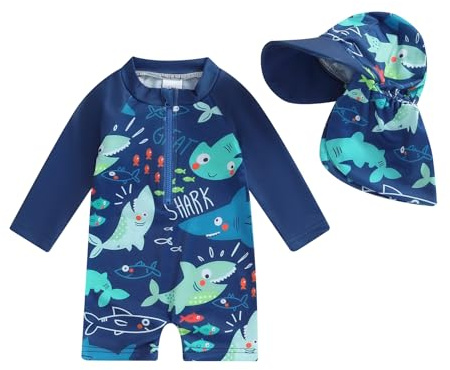 Nicoxijia Toddler Swimsuit UPF 50+ Sun Protection One Piece Zipper Bathing Suit Rash Guard Swimming Sunsuit Swimwear with Hat (B-Blue, 6-12 Months)