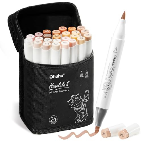 Ohuhu Marqueurs, 24+1 Couleurs Chair Feutres Alcool à double pointe (pinceau et biseau doux) avec Lauréat du prix Red Dot Design Award pour artistes adultes portraits, coloriage, croquis - Honolulu S
