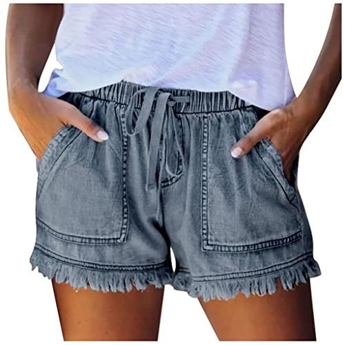 Womens Jean Shorts Casual Drawstring Denim Shorts Elasticated Waist Frayed Hem Summer Jeans with Pockets Comfy Loose Fit Wide Leg Denim Hot Pants
