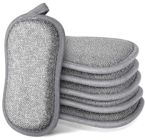 APXEL Estropajos de Limpieza, 6 Piezas Esponja de Cocina, Estropajo Cocina de Doble Cara, 15×9 cm Reutilizable Duradera Esponja de Limpieza para Cocina, Baño (Gris)