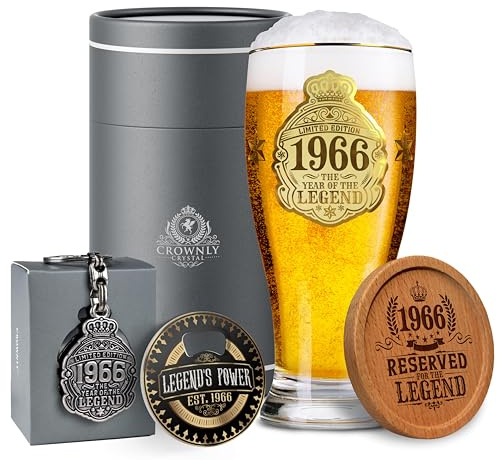 CROWNLY CRYSTAL Limited Edition 1966 The Year of The Legend Ölglas Presentset 60 Års Present Till Man Presentbox Träunderlägg Nyckelring Kapsylöppnare