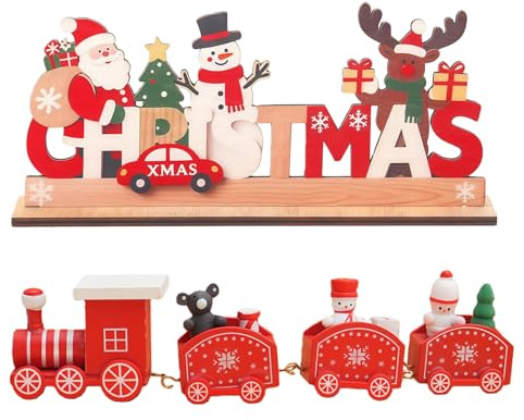 LUMOOM 2 unidades de decoración de madera para Navidad, tren de Navidad y figura de Papá Noel como decoración de mesa, decoración navideña festiva, decoración navideña interior de madera