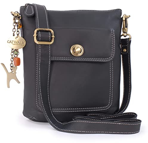 Catwalk Collection Handbags - Damen Leder Umhängetasche - Crossbody Bag/Handtasche Klein - Verstellbarer Abnehmbarer Schultergurt - Laura - Schwarz