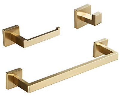 3 Piezas Montado en la Pared Conjunto de Accesorios de baño Cepillado Dorado, Incluye Anillo de Toalla de Mano de 30 cm, Soporte para Papel higiénico, Ganchos para Batas, Beelee, BA199SET-3BG2