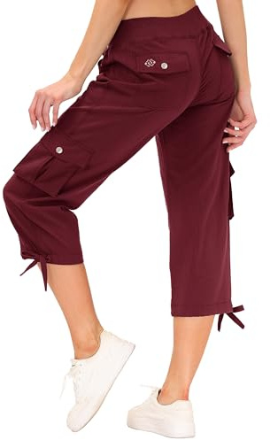 MoFiz Womens Capri Pants 3/4 Cropped Trousers Hiking Cargo Pants Red M