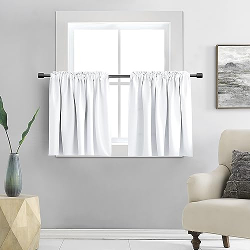 DONREN Pure White (Only Block 50% Lights) Small Window Curtain Panels Room Darkening Curtain Tiers for Nursery with Rod Pocket (52 x 30 Inch,1 Pair)