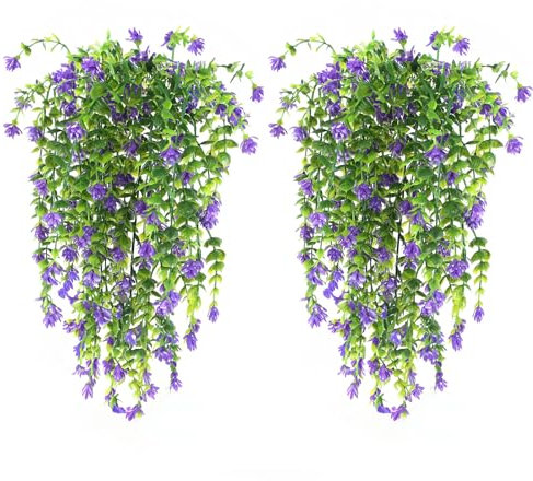Leixi 4Pcs Artificial Hanging Flowers, UV-Resistant Fake Hanging Plants Flower Bouquet for Wall Home Room Garden Yard Patio Wedding Indoor Outdoor Decoration (Purple)
