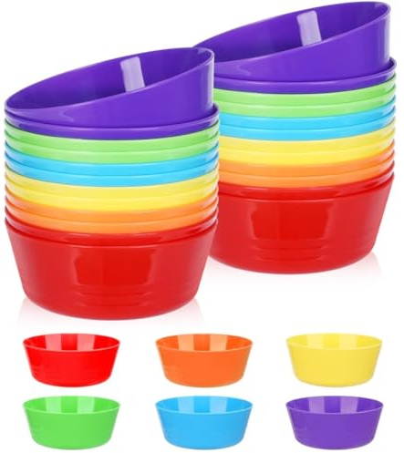 LATERN 24 Piezas Cuencos de Plástico Reutilizables, 300ml Cuencos de Plástico Irrompibles para Niños Tazones Aptos para Microondas y Lavavajillas para Cereales Sopa Bocadillo Fruta Ensalada (6 Colore)
