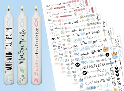 Sugeru® 6 X DIN A5 kerzenfolie für Taufe(200+Muster), kerzentattoos kommunion | kerzen dekorieren | kerzenaufkleber sticker | Gedenken Deko mädchen Jungen| kommunion dekorieren kerze (Taufe)
