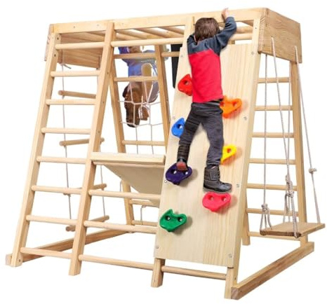 8 in 1 Palestra nella Giungla per Bambini, Giochi Bambini Rete e Arrampicata su Roccia con Scivolo Altalena Barre Orizzontali Scala di Corda Tavolo da Disegno Parco Giochi al Coperto in Legno
