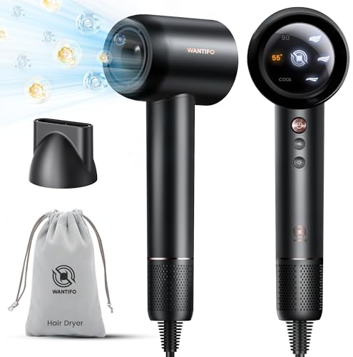 WANTIFO Ionen Föhn, 110.000 U/min Ionen Haartrockner LED-Display, 200 Millionen Negative Geräuscharmer Haarföhn with Magnetischer Düse, Schnelles Trocknen Hair Dryer für Zuhause, Salon, Reisen