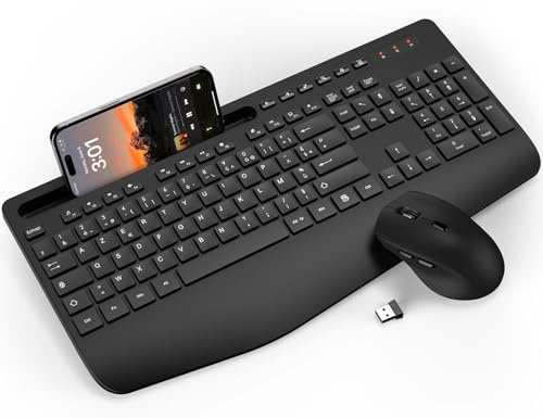 Ensemble Clavier et Souris Sans Fil, Ergonomique Pleine Taille Clavier avec Repose-Poignet, Support, Mode Veille, 2,4 GHz Silencieux Clavier Souris pour Windows, PC, Laptop, AZERTY-KM23 (Noir profond)