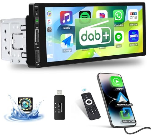 Dab+ Single DIN Autoradio mit CarPlay Android Auto, 6,9“ Touchscreen Radio mit Bluetooth FM Mirror Link SWC EQ Infrarot-Fernbedienung+Rückfahrkamera und Mikrofon