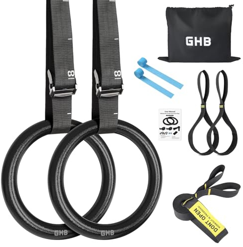GHB Gymnastic Rings Gym Rings 1.1 Olympic Rings Adjustable Straps Pull Up Rings Sets for Workout Bodyweight Fitness Training