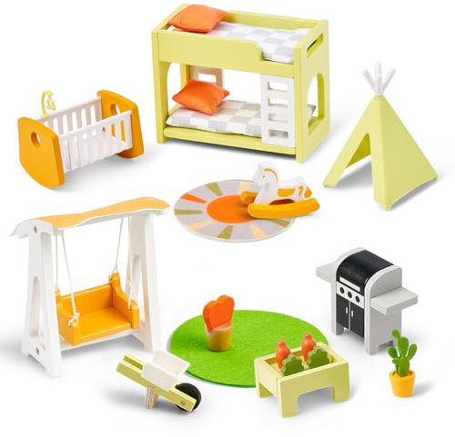 Set Meubles Maison de poupée 21 pièces : Salon & Chambre bébé en Bois/Plastique, Jouet d'imitation pour Enfants (Vert)