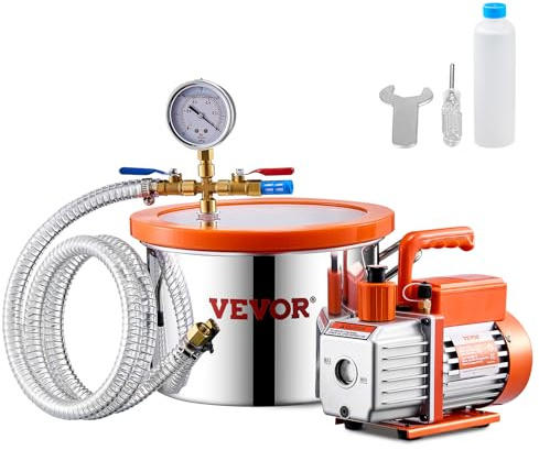 VEVOR 5,68 L Vakuumkammer und 3,5 CFM Pumpe, Edelstahlkammer, 1-stufiges Vakuumpumpen-Entgasungskammerset, mit Acryldeckel, Öl, 1,5 m Schlauch, Vacuum Pump Kit zum Entgasen von Harz-Silikon-Epoxiden