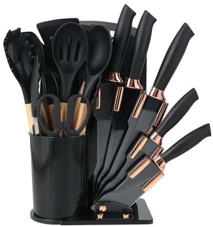 Flearitzo Set di 19 coltelli da cucina, in silicone, con 12 utensili da cucina, 5 coltelli, tagliere e supporto, lavabile in lavastoviglie (nero)