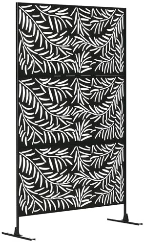 Outsunny Separé Divisorio Decorativo da Esterno con Motivi a Rami di Salice e 2 Piedini, Paravento da Giardino Alto in Acciaio, per Balcone e Terrazzo, 122x45x198 cm, Nero