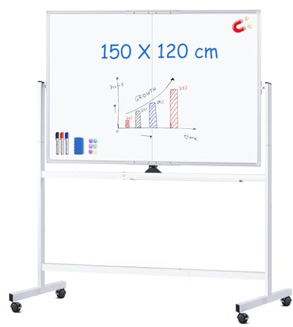 maxtek Lavagna Bianca Mobile con Supporto 150 x 120 cm, Grande Lavagna Cancellabile Magnetica Double Face, Cadre en Aluminium, Capovolgimenti 360° su Ruote, per Casa, Ufficio, Scuola