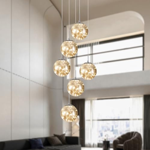 Warmiehomy Staircase LED Chandelier,Dimmable Staircase Long Pendant Light 6 Glass Balls,Modern Large Chandelier Living Room for Villa Living Room Foyer,30W,510LM(Gray)