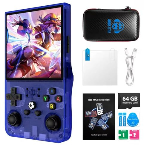 R36MAX Retro Handheld Game Console, 18000+ Classic Games, Multiple Emulators, Portable Gaming System with Carrying Case (Blue)