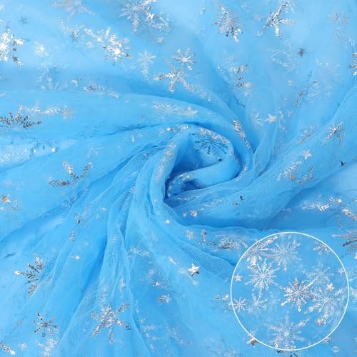 CABODYALS 1,83 m 150 cm himmelsblå snöflinga tyll ren organza-tyg silverfolie nätmaterial glitter transparent polyestertyg för sömnad klänning hem juldekor gör-det-själv hantverk tillbehör