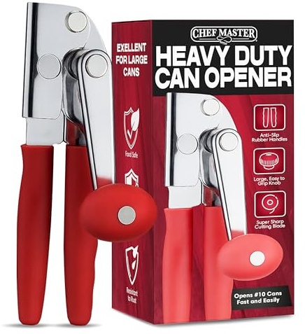 Chef Master Commercial Can Opener Heavy Duty - Manual Hand Crank for Large Cans with Anti-Slip Grip - Stainless Steel Restaurant Can Opener Manual for Seniors, Kitchen, Bars & Food Trucks - 90056