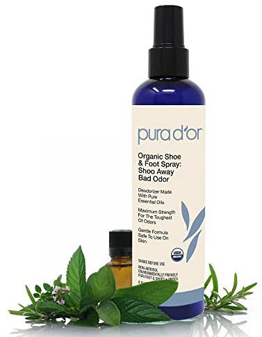 PURA D'OR Organic Shoe & Foot Odor Eliminator Spray (8oz) Deodorizes & Removes Bad Smells with Eucalyptus, Peppermint, Tea Tree, Lemongrass Essential Oil, Maximum Strength (Packaging may vary)