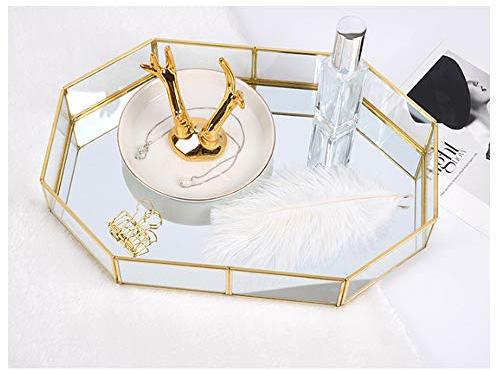 Hggzeg Bandeja de cristal de color dorado, bandeja decorativa de metal poligonal, joyas, perfume, organizador de maquillaje, bandeja para tocador, tocador, baño, dormitorio (pequeño)