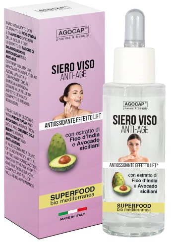 Gesichtsserum Superfood auf Basis von Avocado, sizilianische Kaktusfeige, Goji-Beeren, pflegendes und antioxidatives Anti-Falten-Gesichtsserum für empfindliche und reife Haut. 100% natürliches