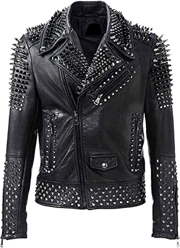Brando Spikes dubbad rock punk motorcykel svart biker läderjacka, Svart – äkta läder, 3XL