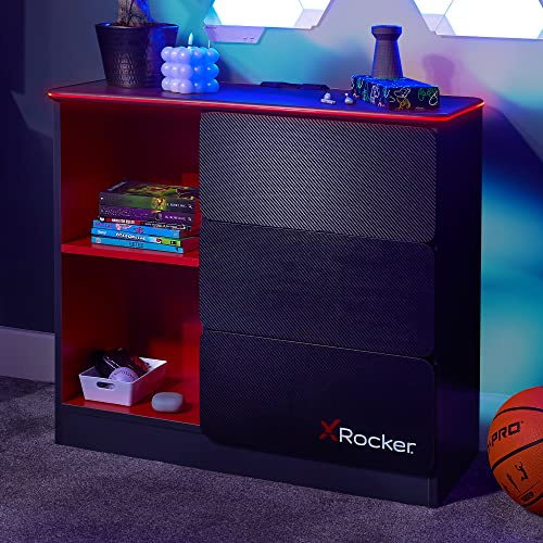 X-Rocker Carbon-Tek 70cm Width, RGB LED Chest of Drawers - Neo Fibre Lighting, 3 Drawer, 2 Open Shelves, Durable Wooden Frame for Kids & Teens - Grey & Red