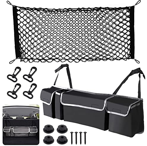 Mardatt 14Pcs Car Storage Accessories Includes Adjustable Elastic Mesh Cargo Nets, Hooks, Screws and Collapsible Trunk Organizer with Compartments for Universal Vehicle