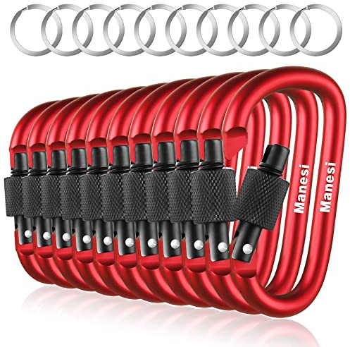 10 Pack Aluminum D Ring Key Rings Clips Locking Carabiner for Camping Fishing and Outdoor Use，Clips with Screw Gate Multicolored