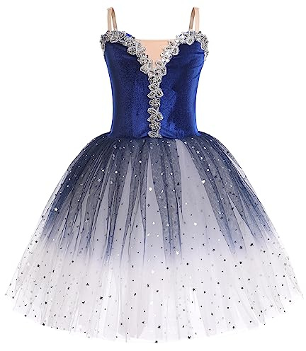 Odizli Robe de ballet pour filles et enfants avec dentelle brodée, paillettes, tutu, robe de danse, robe de ballet, bleu roi, 13-14 ans