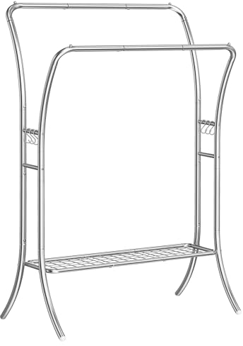 SONGMICS Kleiderständer, Kleiderstange, 2 Garderobenstangen, Garderobenständer, Garderobe aus Metall, 6 Haken, Ablage, Kleideraufbewahrung für Schlafzimmer, Wohnzimmer, silbern HSR109E01