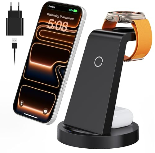 3 in 1 Caricabatterie a induzione Wireless Charger Compatibile con Phone 17 Air 16e 16 15 14 13 12 11 X Pro Max & Senza Fili Stazione iWatch 11-2 & Pods 4 3 2 Pro con 18W Adattatore (Nero)