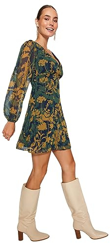 Trendyol Mujeres Floral Mini Manga Larga Casual Vestido Regular, Multicolor, 42