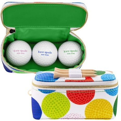 Kate Spade New York Women's Golf Set - 3 Wooden Tees & 3 Balls With Zipper Pouch, Gold Clasp Secures to Bag, Golfball Pattern Mini