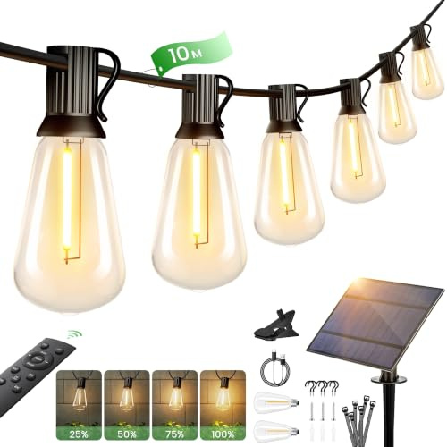 Torkase Solcellsljusslinga utomhus, 35 FT/10,6 m ST38 trädgårdsslinga med 15 + 2 LED plastlampa, solcellsladdning, 4 lägen vattentät för trädgård terrass bröllopsfest, 2 200 K varm vit