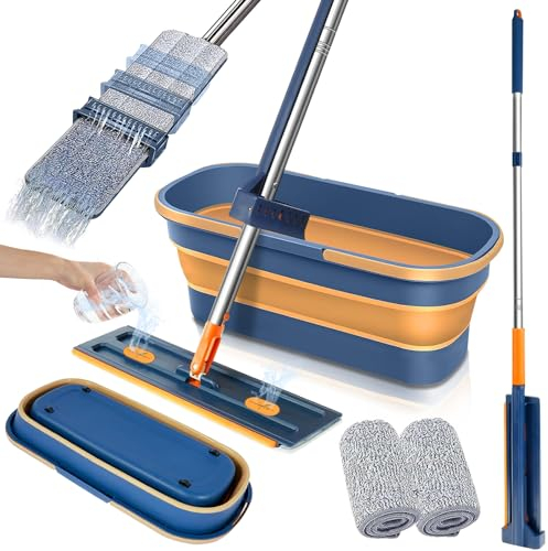 Großer Flachmopp Flachmop aus Mikrofaser/Flachmopp Set mit Eimer/Flachmopp mit Auswringfunktion/360° Drehgelenk/Großer Flachmopp für Hartholz Laminat/Fliesen(2 Pads+1 Faltbarer Eimer)