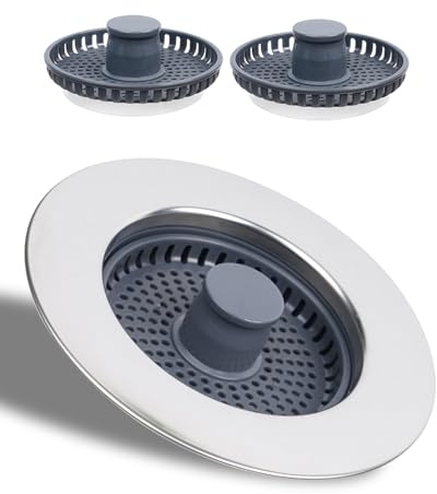 Hibbent Diskbänksproppar, rostfritt stål skal med 2 smutsfångare, livsmedelsrester, filtrerar bort, universell sil och luktförebyggande – djup på diskbänken >28 mm