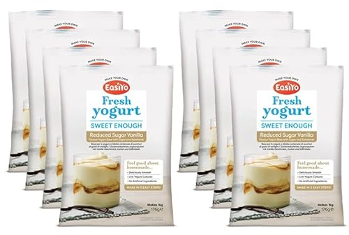 EasiYo Yogurt Sweet Enough Vanilla Reduced Sugar, 8 Pack | Each Sachet Makes 1 kg Yoghurt
