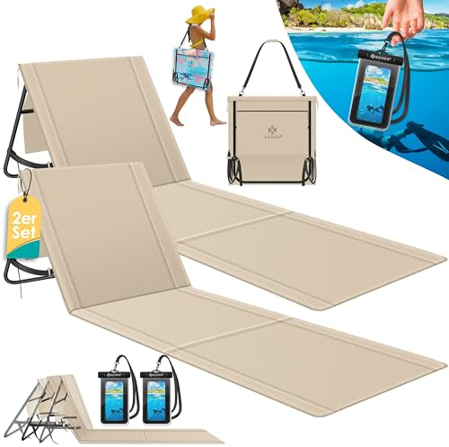 KESSER® 2er Set Strandmatte klappbar mit Verstellbarer Rückenlehne, Tragegurt, wasserdichter Tasche & Aufbewahrung – Faltbare Sonnenliege für Strand, Garten & Terrasse je 130 kg belastbar