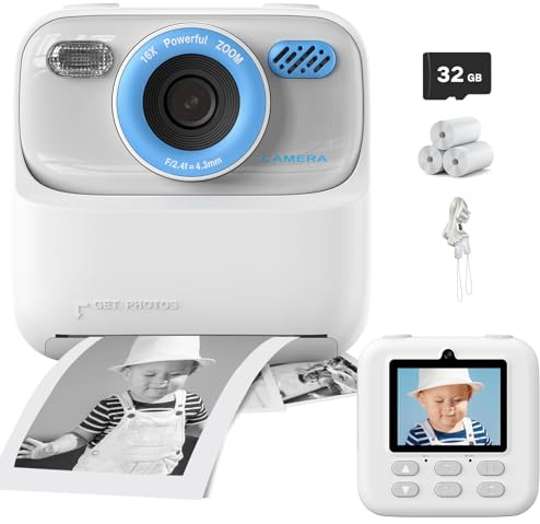 Snabbtryck för barnkamera, 1080P HD direkta digitalkameror, videoinspelare selfie-kameror, jul födelsedagspresenter för pojkar flickor ålder 3, 4, 5, 6, 7, 8, 9, 10 med fotopapper och 32 GB SD-kort