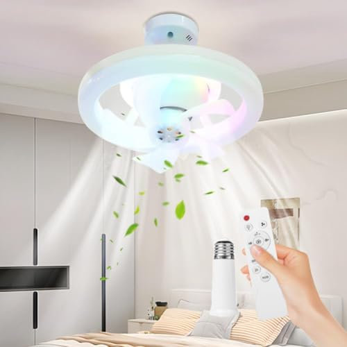 RuiDay Ventilateurs Plafond avec Lumière, Ventilateur Silencieux Plafond Avec Telecommande, RGB Ventilateur Plafond avec Douille E27, 3 Couleurs (Tête secouante RVB + Connecteur d'extension)