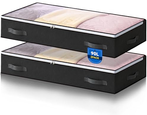 AIOR 2 Stück 90L Unterbettkommode mit Sichtfenster, Faltbare Unterbett-Aufbewahrungstasche Kleideraufbewahrung, Decken Organisator Lagerbehälter, 100x50x18cm (Schwarz)