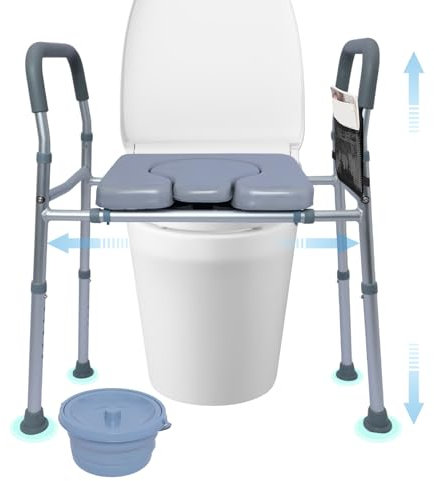Rehausseur Toilette Adulte, Rehausseur WC Adulte avec Accoudoir, Chaise Percée Toilette avec Hauteur et Largeur Réglables, Cadre de Sécurité WC, Barre d'Appui WC, Jusqu'à 200 kg