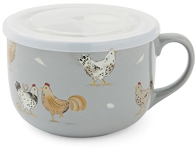 Cooksmart Taza de sopa Hen House Lane, taza de cerámica de 600 ml con tapa de plástico, diseño rústico de gallina de granja, apta para lavavajillas y microondas, ideal para sopas y bebidas calientes
